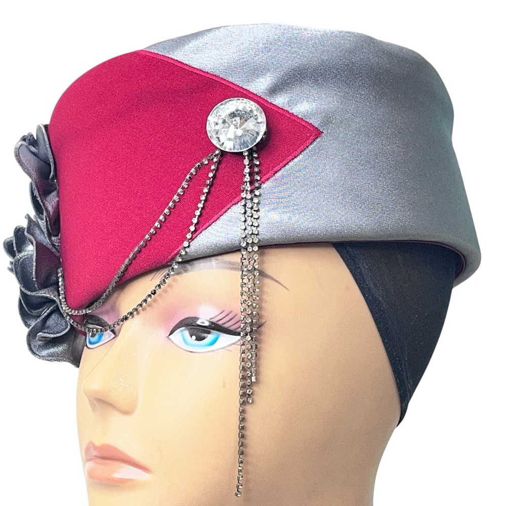 Lisa Rene Red Felt Satin Flower Chain Rhinestone Pillbox-Style Hat - Picture 6 of 15